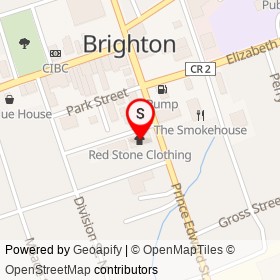 Red Stone Clothing on Prince Edward Street, Brighton Ontario - location map